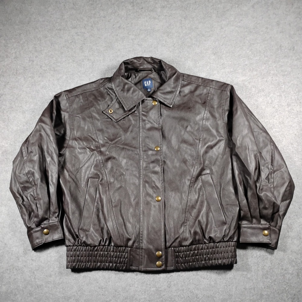 Gap Women M Terra Brown Oversized Faux Vegan Leather Bomber Jacket Full Snap